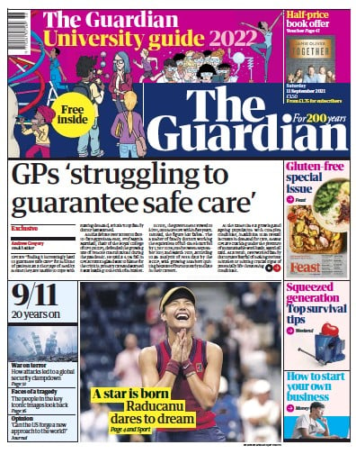 The Guardian (UK) Newspaper Front Page for 11 September 2021