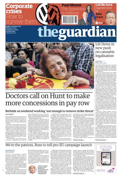 The Guardian Newspaper Front Page for 12 October 2015