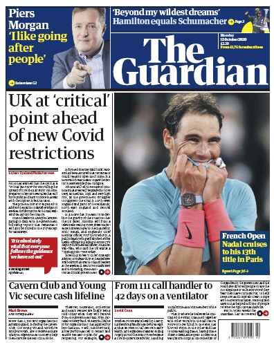The Guardian (UK) Newspaper Front Page for 12 October 2020
