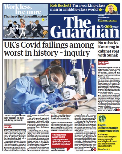 The Guardian (UK) Newspaper Front Page for 12 October 2021