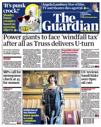 The Guardian Newspaper Front Page for 12 October 2022