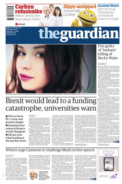 The Guardian Newspaper Front Page for 12 November 2015