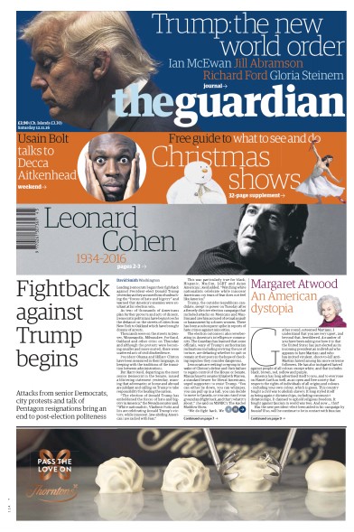 The Guardian Newspaper Front Page for 12 November 2016