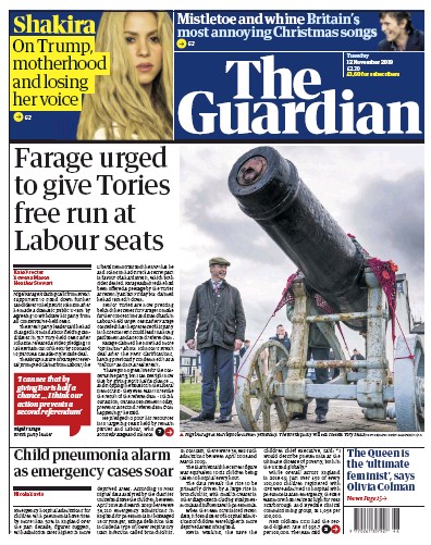 The Guardian Newspaper Front Page for 12 November 2019