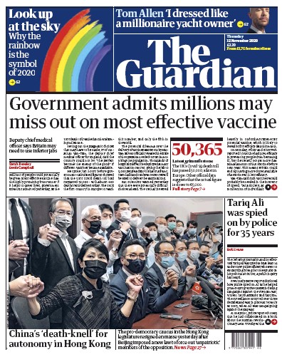 The Guardian Newspaper Front Page for 12 November 2020