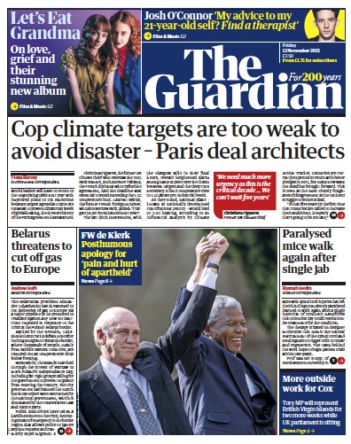 The Guardian (UK) Newspaper Front Page for 12 November 2021