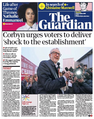 The Guardian Newspaper Front Page for 12 December 2019