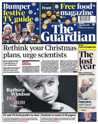 The Guardian Newspaper Front Page for 12 December 2020