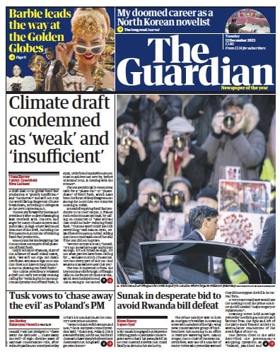 The Guardian Newspaper Front Page for 12 December 2023