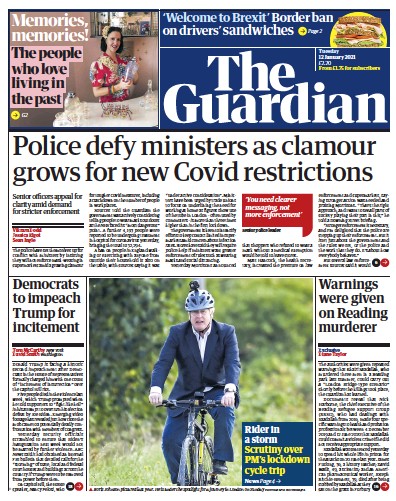 The Guardian Newspaper Front Page for 12 January 2021