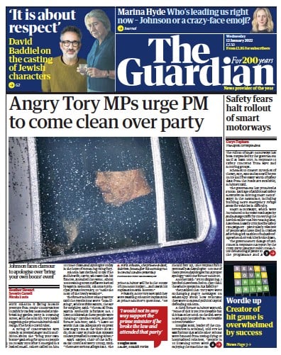 The Guardian (UK) Newspaper Front Page for 12 January 2022