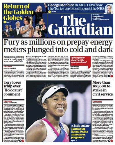 The Guardian (UK) Newspaper Front Page for 12 January 2023