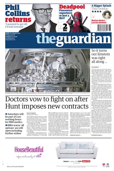 The Guardian Newspaper Front Page for 12 February 2016