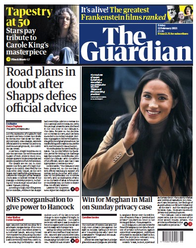 The Guardian (UK) Newspaper Front Page for 12 February 2021