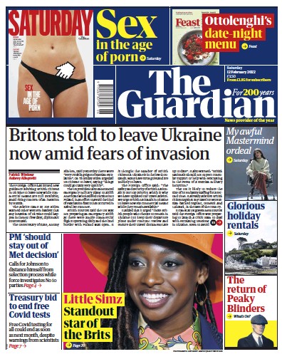 The Guardian Newspaper Front Page for 12 February 2022