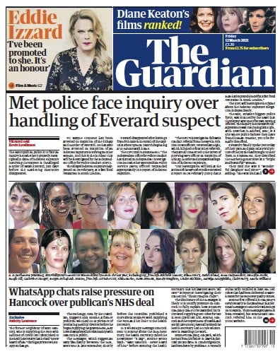 The Guardian (UK) Newspaper Front Page for 12 March 2021