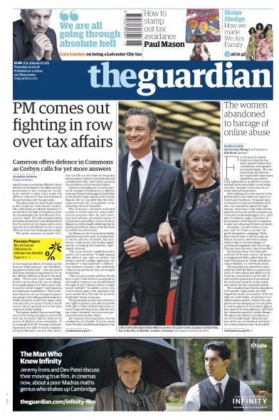 The Guardian Newspaper Front Page for 12 April 2016