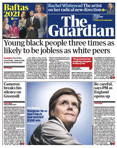 The Guardian (UK) Newspaper Front Page for 12 April 2021