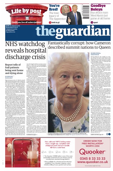 The Guardian (UK) Newspaper Front Page for 12 May 2016