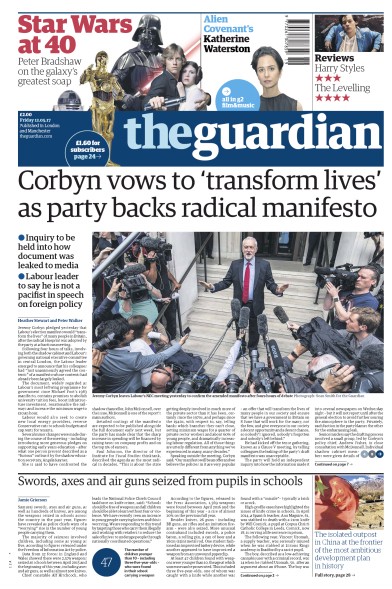 The Guardian (UK) Newspaper Front Page for 12 May 2017