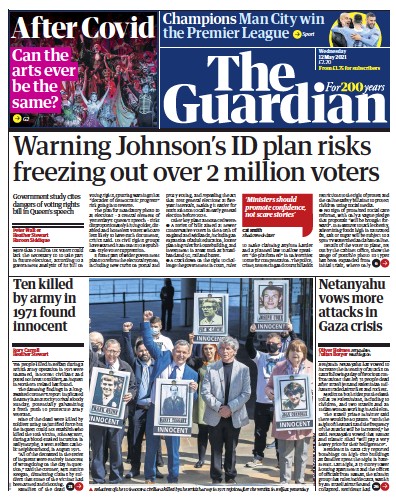 The Guardian (UK) Newspaper Front Page for 12 May 2021