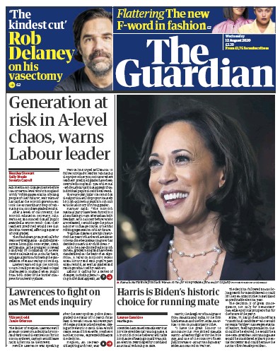 The Guardian (UK) Newspaper Front Page for 12 August 2020