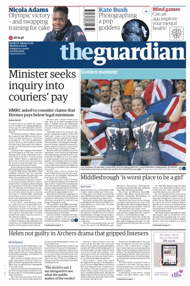 The Guardian Newspaper Front Page for 12 September 2016