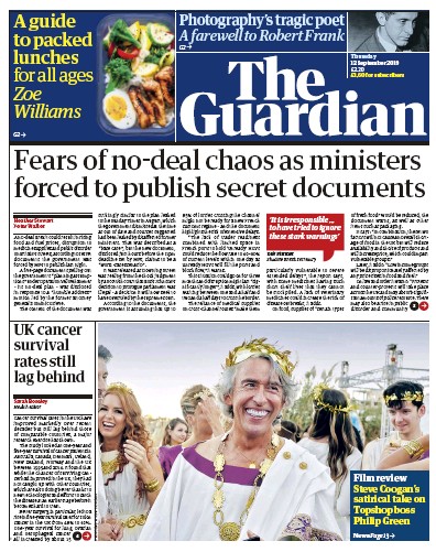 The Guardian Newspaper Front Page for 12 September 2019