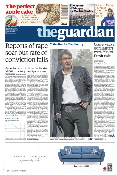 The Guardian Newspaper Front Page for 13 October 2016