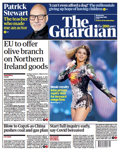 The Guardian (UK) Newspaper Front Page for 13 October 2021