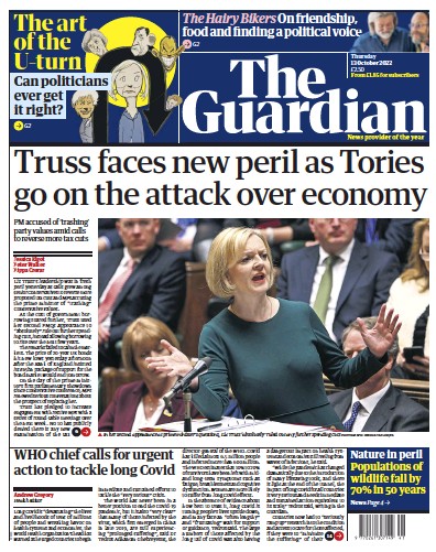 The Guardian (UK) Newspaper Front Page for 13 October 2022