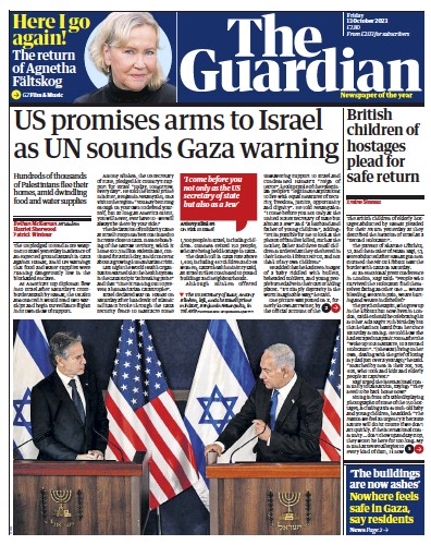The Guardian (UK) Newspaper Front Page for 13 October 2023
