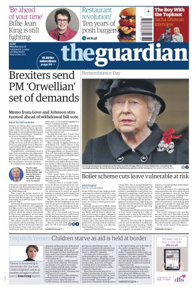 The Guardian Newspaper Front Page for 13 November 2017