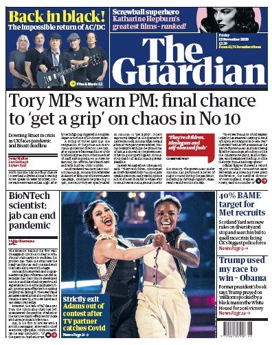 The Guardian Newspaper Front Page for 13 November 2020