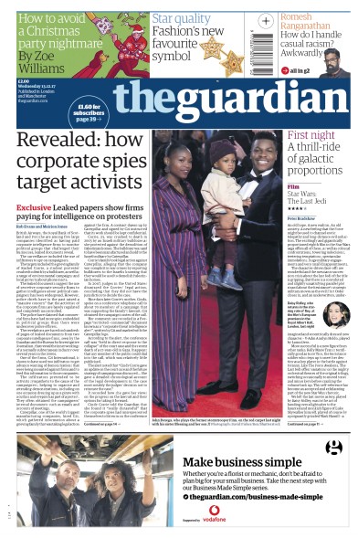 The Guardian Newspaper Front Page for 13 December 2017