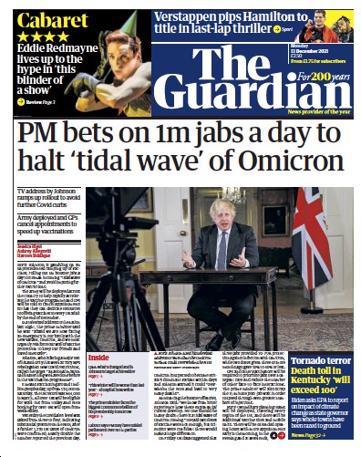 The Guardian (UK) Newspaper Front Page for 13 December 2021