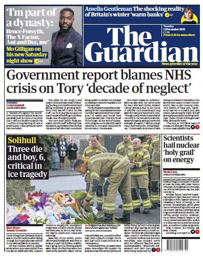 The Guardian Newspaper Front Page for 13 December 2022
