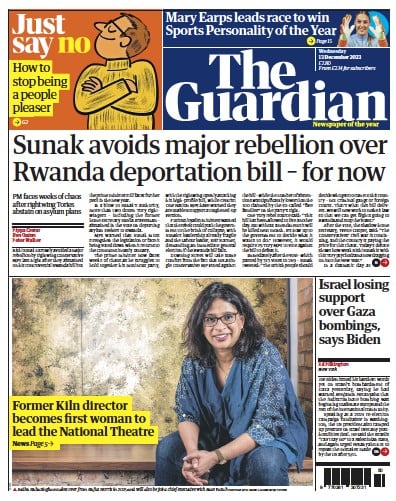 The Guardian Newspaper Front Page for 13 December 2023