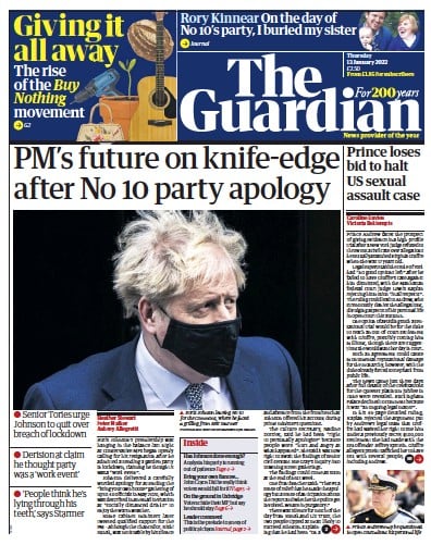 The Guardian (UK) Newspaper Front Page for 13 January 2022