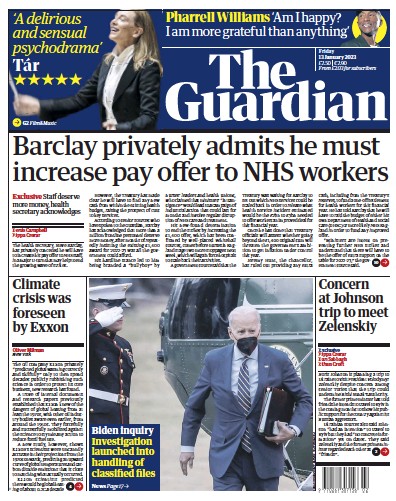 The Guardian (UK) Newspaper Front Page for 13 January 2023
