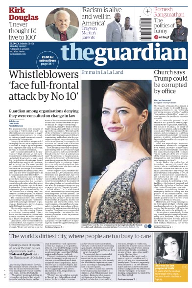 The Guardian (UK) Newspaper Front Page for 13 February 2017