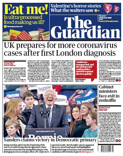 The Guardian Newspaper Front Page for 13 February 2020