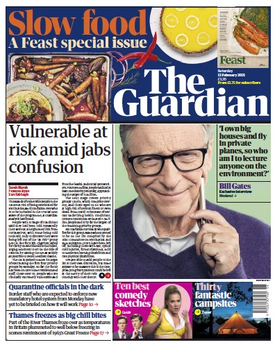 The Guardian Newspaper Front Page for 13 February 2021