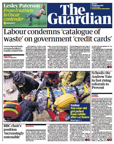 The Guardian (UK) Newspaper Front Page for 13 February 2023
