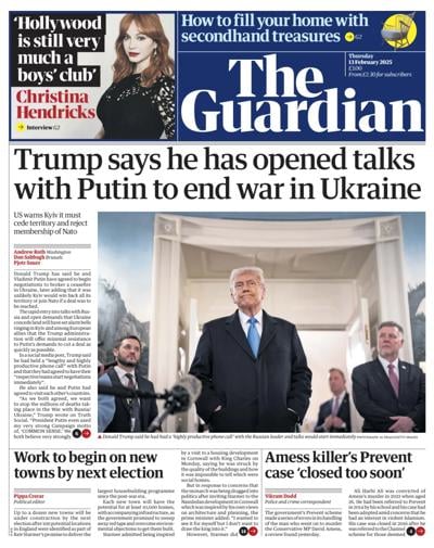 The Guardian (UK) Newspaper Front Page for 13 February 2025