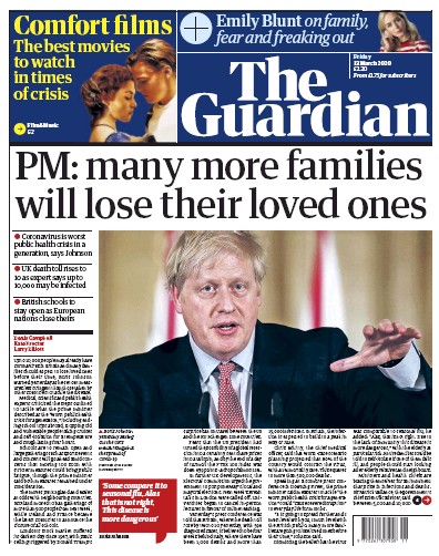 The Guardian (UK) Newspaper Front Page for 13 March 2020