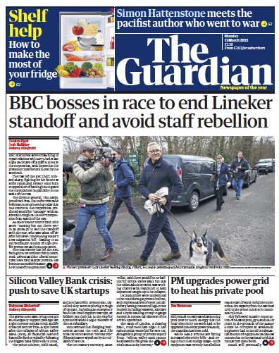 The Guardian (UK) Newspaper Front Page for 13 March 2023