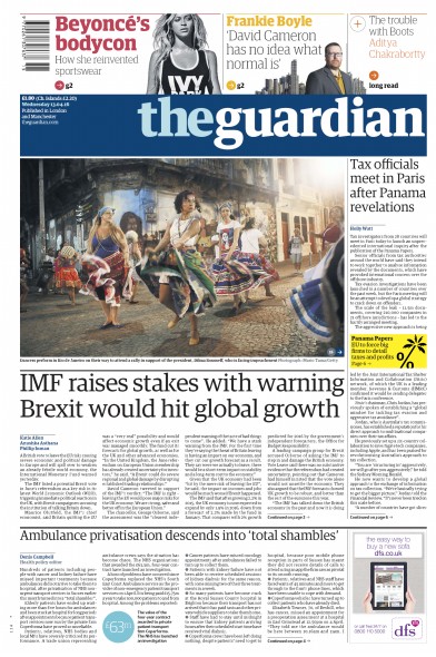 The Guardian Newspaper Front Page for 13 April 2016