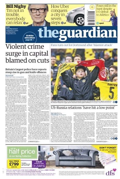 The Guardian Newspaper Front Page for 13 April 2017