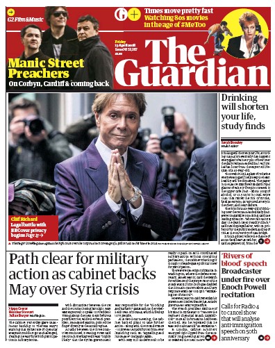 The Guardian Newspaper Front Page for 13 April 2018